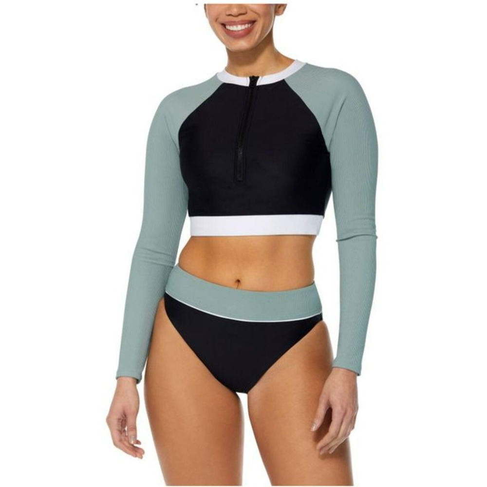 Reebok Rashguard Swim Suit Womens Large Black Green Crop UPF 50+ J420751 J420726